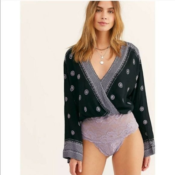 Free People Tops - Free People On Board Plunging Long Flared Sleeve Lace V-Neck Bodysuit